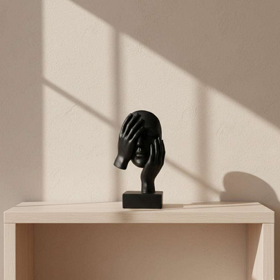Minimalist Surrealist Face with Hands Statue