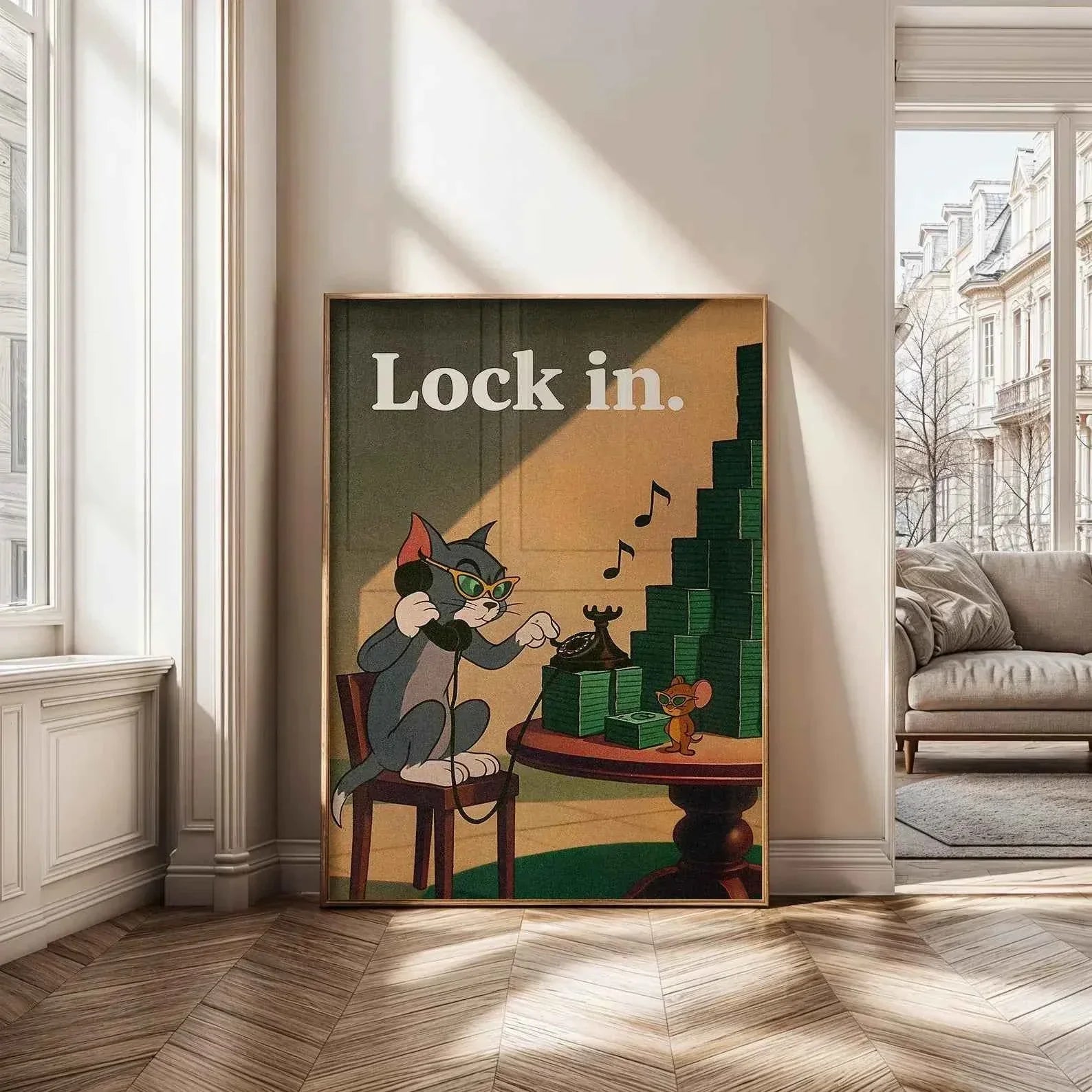 Lock In Wall Art Canvas Print – Motivational Money Poster, Inspired Funny Hustle Art, Vintage Cartoon Wall Home Office Decor