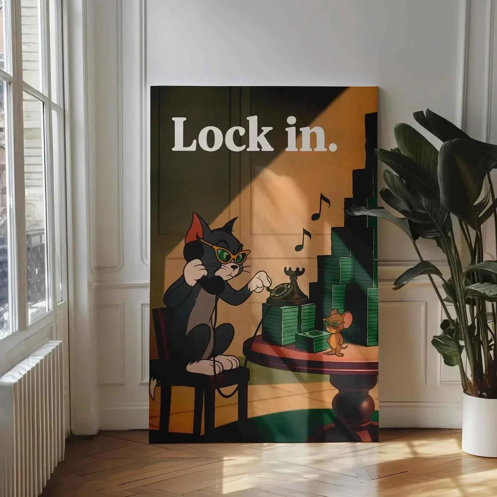 Lock In Wall Art Canvas Print – Motivational Money Poster, Inspired Funny Hustle Art, Vintage Cartoon Wall Home Office Decor