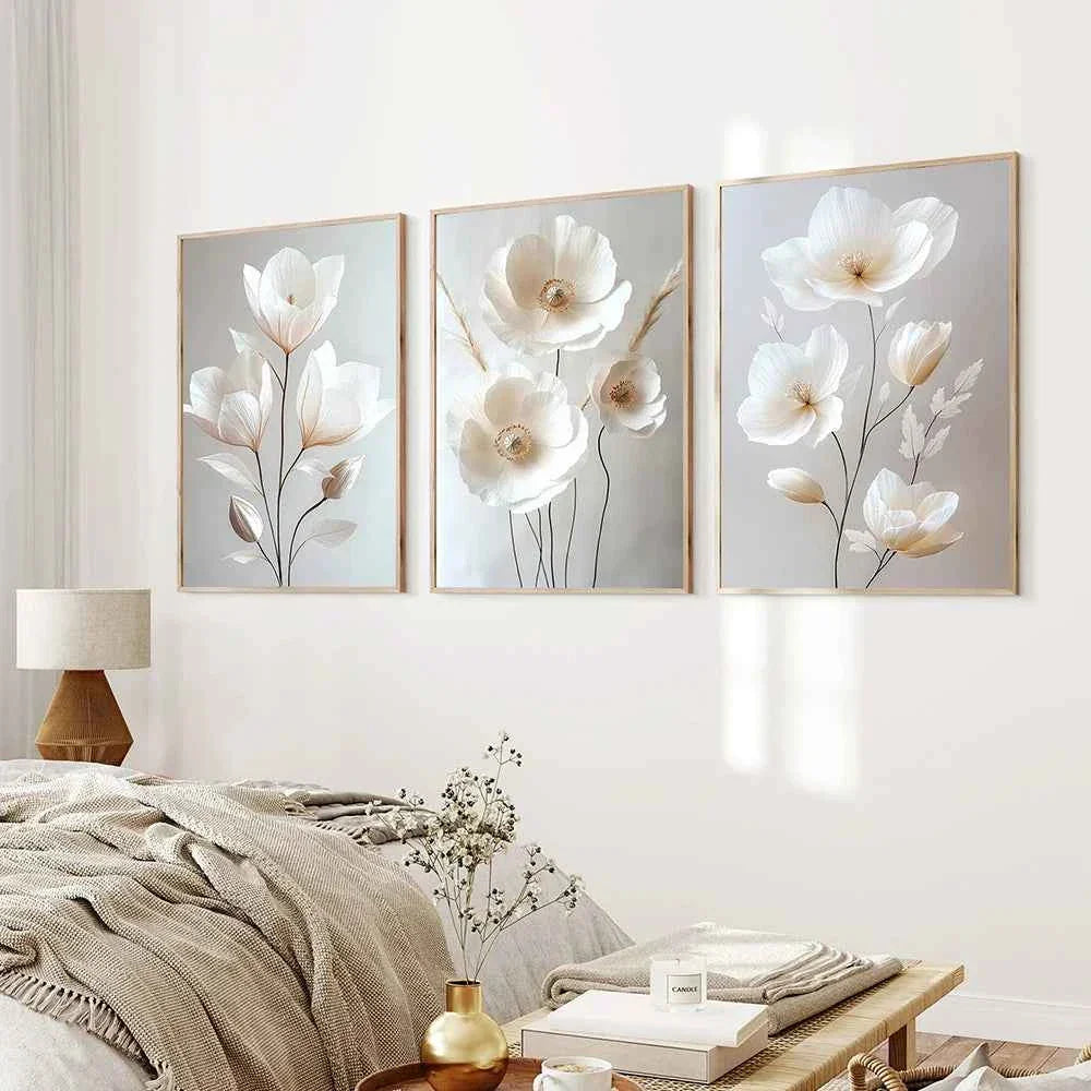 1PC/3PCS Frameless Nordic Beige Peony Flowers Canvas Painting Modern Floral Botanical Posters Aesthetic Wall Art Home Decoration