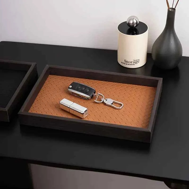 1pc Woven Texture Faux Leather Storage Tray,Watch Jewelry Organizer, Decorative Home Display Tray, Cosmetic Holder, Storage Tray